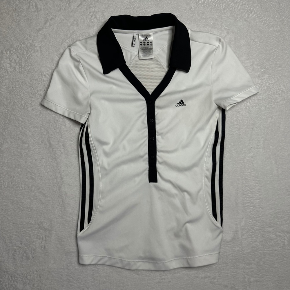 Adidas Womens Small ClimaCool Polo Shirt White Black Snap Placket Mesh Back S